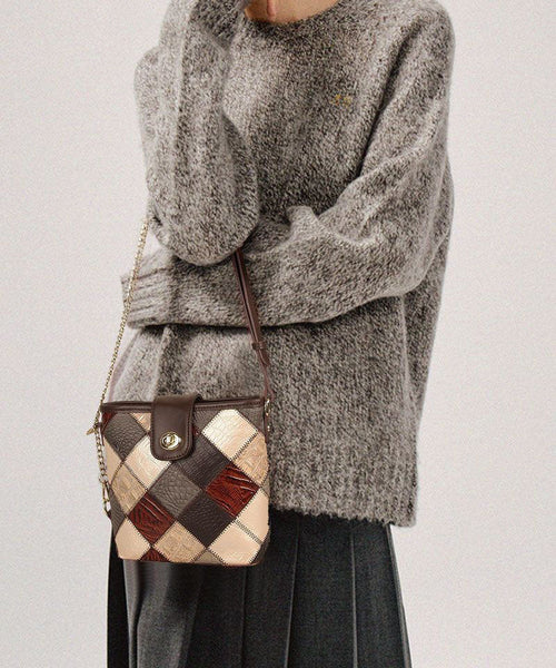 Boutique Coffee Plaid Patchwork Calf Leather Messenger Bag LY1378