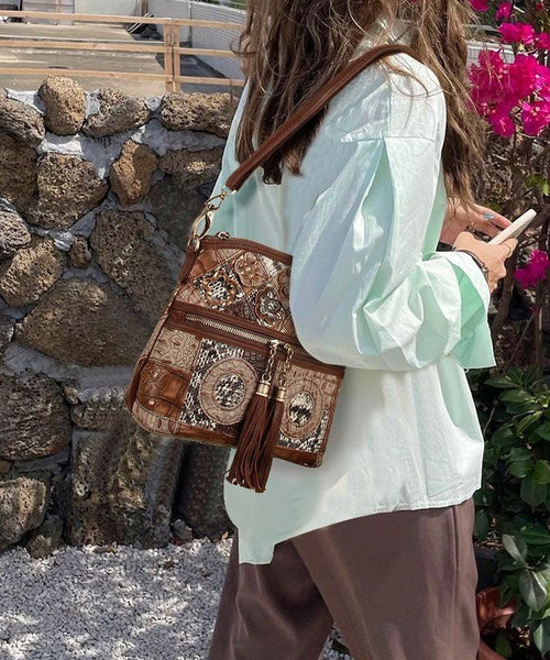 Boutique Coffee Tassel Patchwork Zip Up Calf Leather Satchel Bag Handbag LY1370