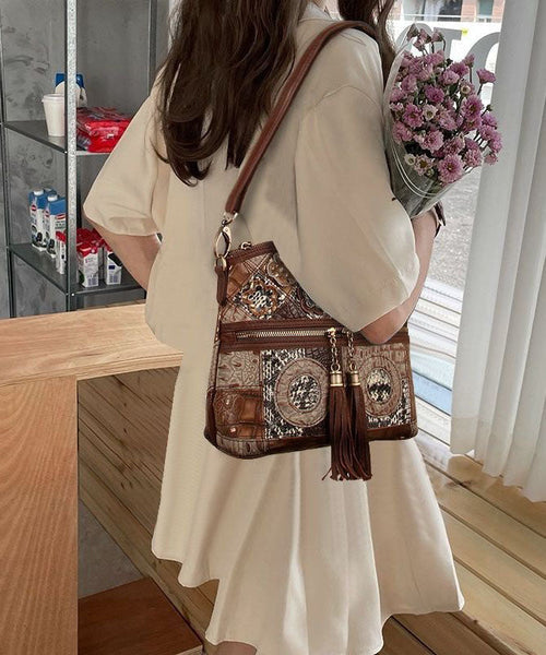 Boutique Coffee Tassel Patchwork Zip Up Calf Leather Satchel Bag Handbag LY1370