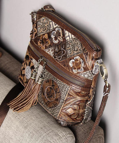 Boutique Coffee Tassel Patchwork Zip Up Calf Leather Satchel Bag Handbag LY1370