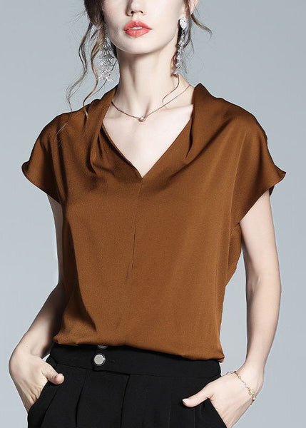 Boutique Coffee V Neck Solid Silk Shirt Short Sleeve LY1027