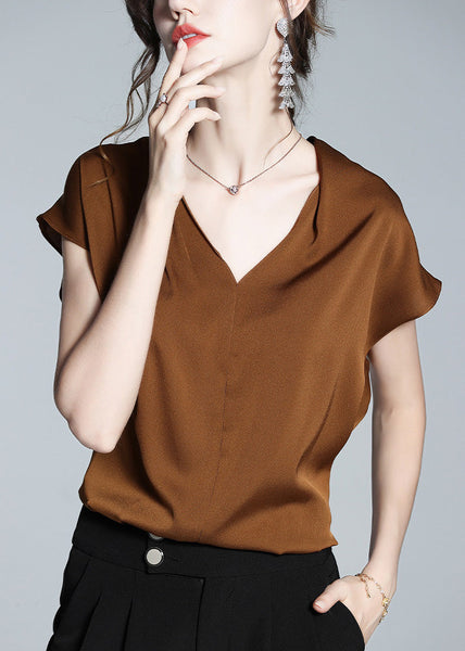 Boutique Coffee V Neck Solid Silk Shirt Short Sleeve LY1027