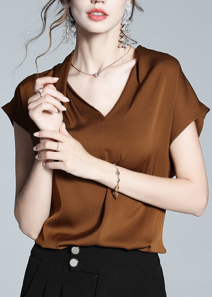 Boutique Coffee V Neck Solid Silk Shirt Short Sleeve LY1027