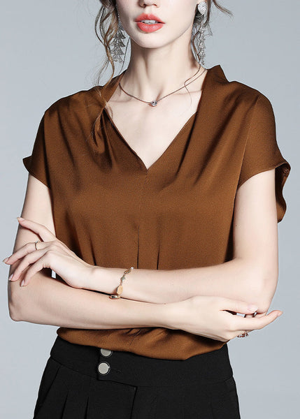 Boutique Coffee V Neck Solid Silk Shirt Short Sleeve LY1027