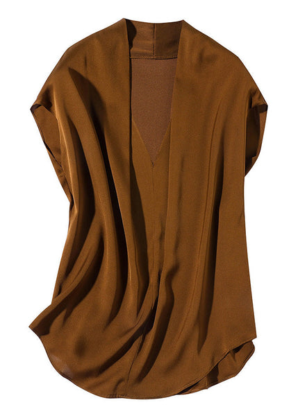 Boutique Coffee V Neck Solid Silk Shirt Short Sleeve LY1027