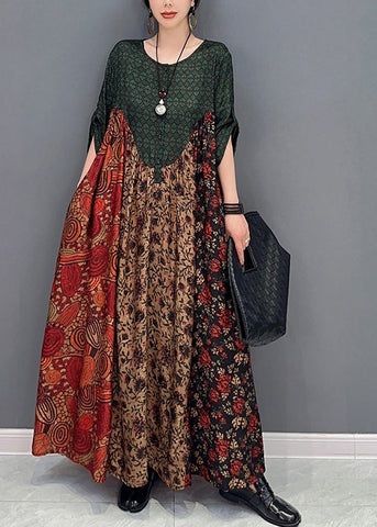 Boutique Colorblock Oversized Patchwork Print Silk Dresses Bracelet Sleeve LY0569