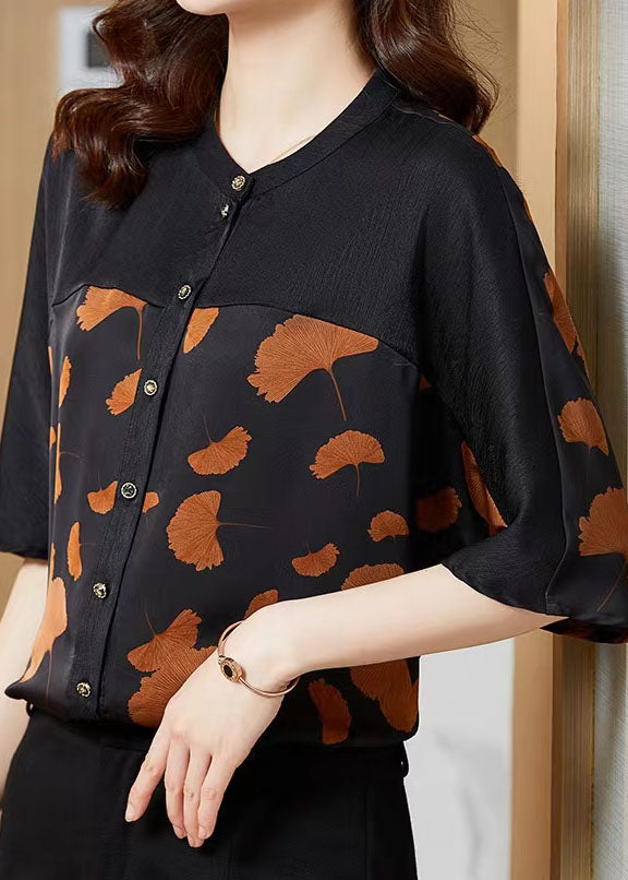 Boutique Ginkgo Leaf O Neck Patchwork Print Silk Shirt Summer LC0288