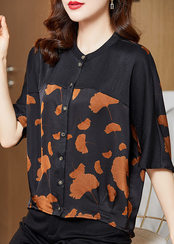 Boutique Ginkgo Leaf O Neck Patchwork Print Silk Shirt Summer LC0288