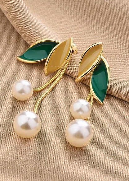 Boutique Green Leaf Pearl Metal Drop Earrings HE1015