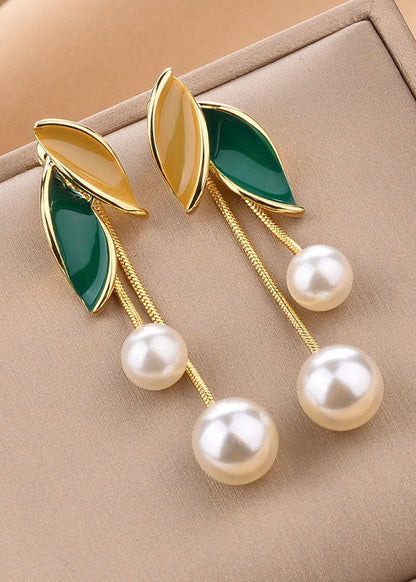 Boutique Green Leaf Pearl Metal Drop Earrings HE1015