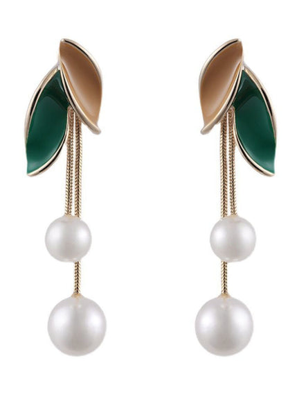 Boutique Green Leaf Pearl Metal Drop Earrings HE1015