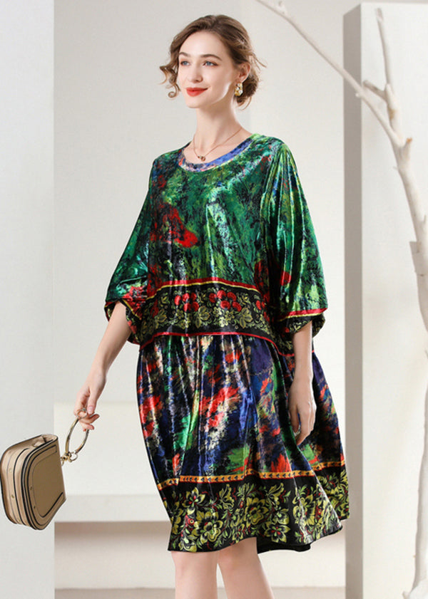 Boutique Green Oversized Print Silk Velour Dress Bracelet Sleeve LY0321