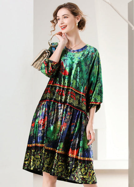 Boutique Green Oversized Print Silk Velour Dress Bracelet Sleeve LY0321