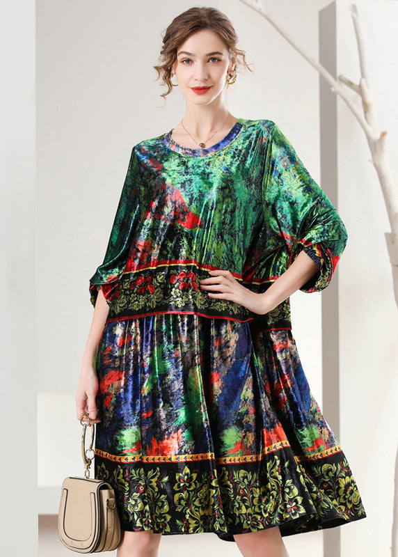 Boutique Green Oversized Print Silk Velour Dress Bracelet Sleeve LY0321