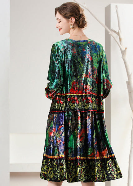 Boutique Green Oversized Print Silk Velour Dress Bracelet Sleeve LY0321
