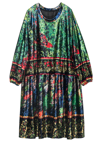 Boutique Green Oversized Print Silk Velour Dress Bracelet Sleeve LY0321