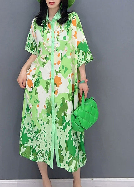 Boutique Green Print Button Party Long Shirts Dress Sunmer LC0304