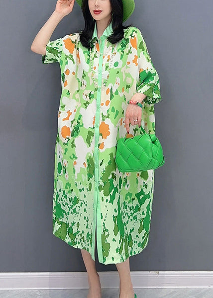 Boutique Green Print Button Party Long Shirts Dress Sunmer LC0304