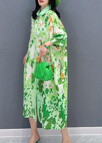 Boutique Green Print Button Party Long Shirts Dress Sunmer LC0304
