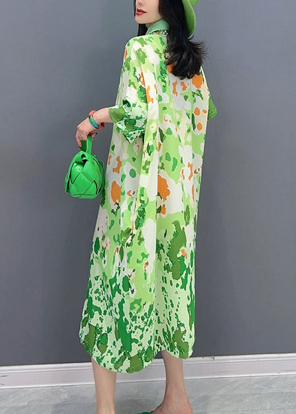 Boutique Green Print Button Party Long Shirts Dress Sunmer LC0304