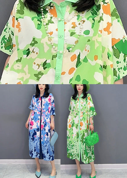 Boutique Green Print Button Party Long Shirts Dress Sunmer LC0304