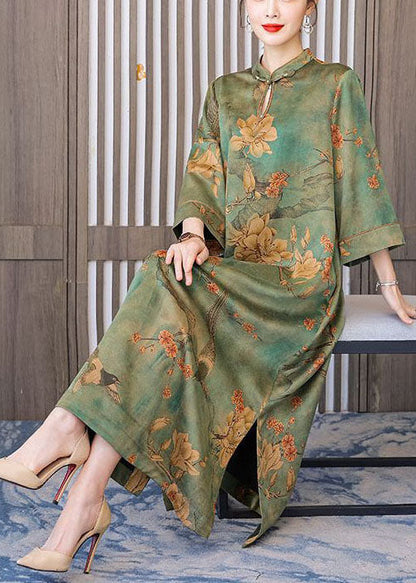 Boutique Green Print Chinese Button Silk Long Dress Bracelet Sleeve LC0208