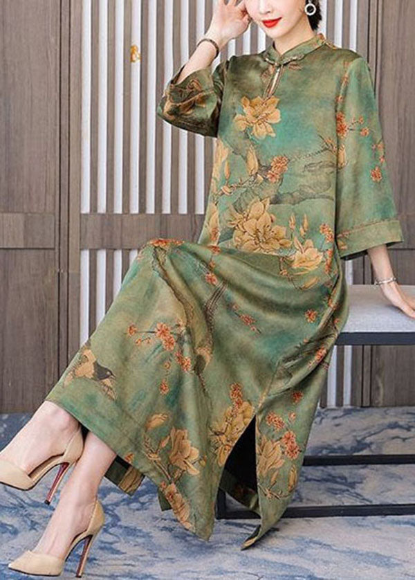 Boutique Green Print Chinese Button Silk Long Dress Bracelet Sleeve LC0208