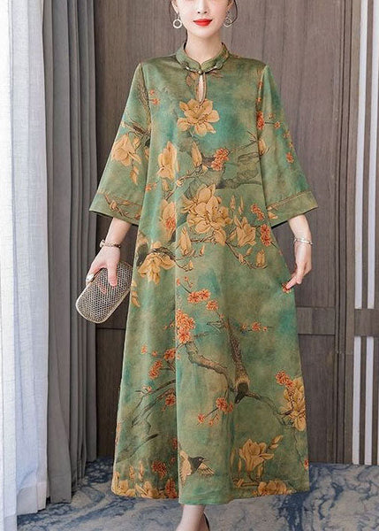 Boutique Green Print Chinese Button Silk Long Dress Bracelet Sleeve LY1686