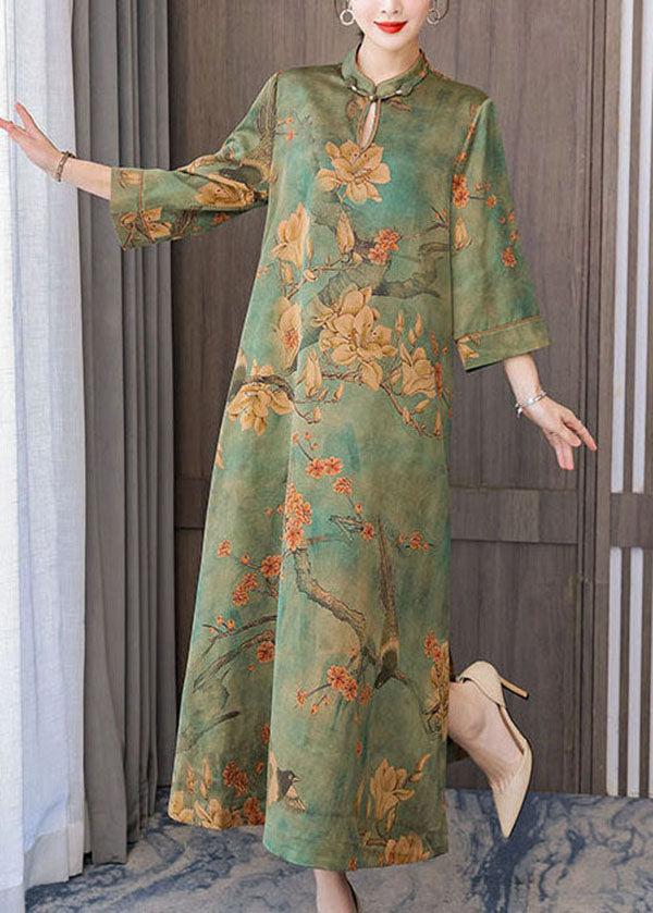 Boutique Green Print Chinese Button Silk Long Dress Bracelet Sleeve LC0208