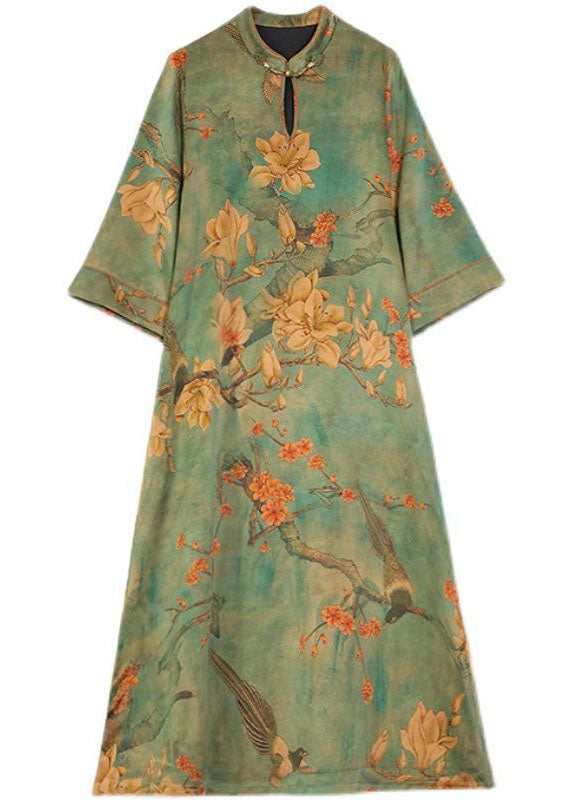 Boutique Green Print Chinese Button Silk Long Dress Bracelet Sleeve LC0208