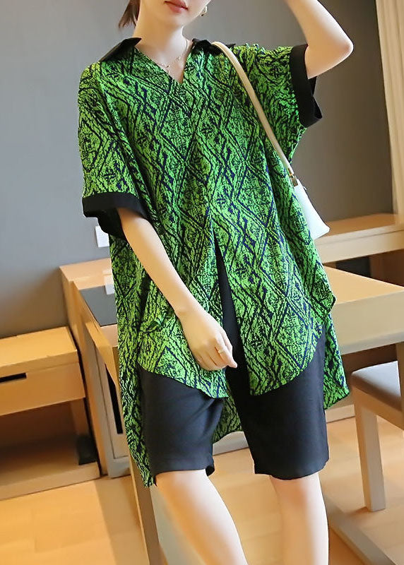 Boutique Green Print Patchwork Low High Design Chiffon Shirt Top Summer LY1456