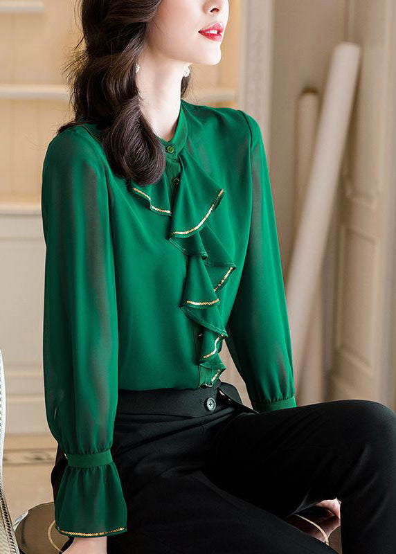 Boutique Green Ruffled Patchwork Chiffon Shirts Two Pieces Spring LY0374