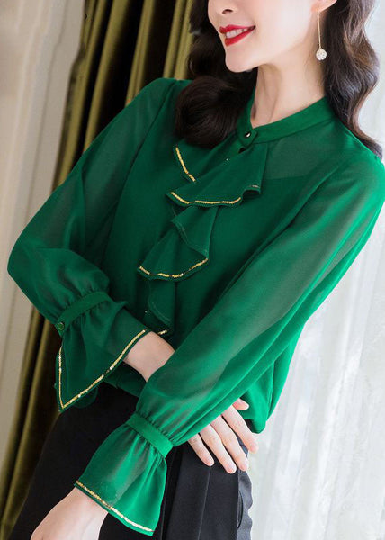 Boutique Green Ruffled Patchwork Chiffon Shirts Two Pieces Spring LY0374