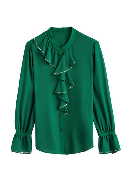 Boutique Green Ruffled Patchwork Chiffon Shirts Two Pieces Spring LY0374