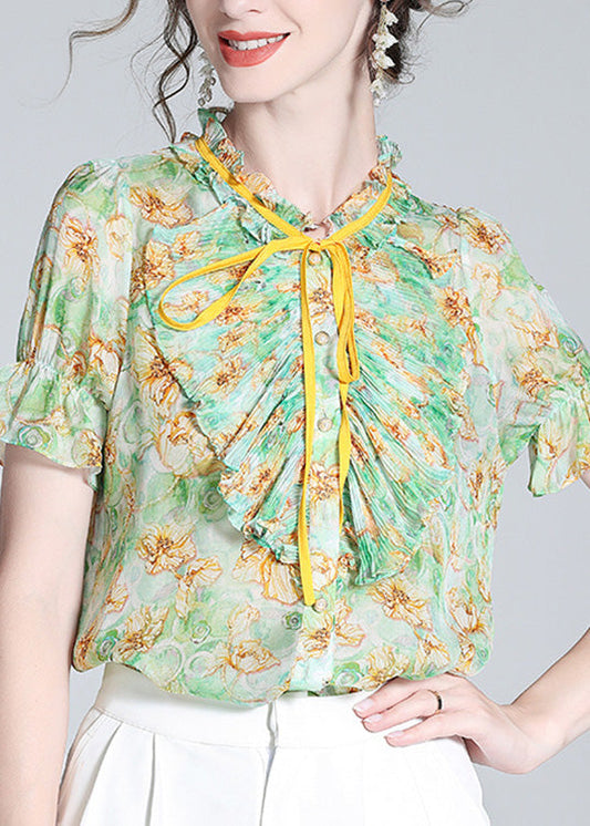 Boutique Green Stand Collar Print Ruffled Neck Tie Silk Top Summer LY1042