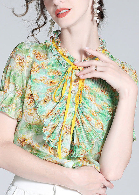 Boutique Green Stand Collar Print Ruffled Neck Tie Silk Top Summer LY1042