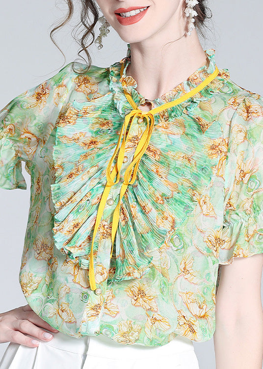 Boutique Green Stand Collar Print Ruffled Neck Tie Silk Top Summer LY1042