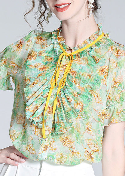 Boutique Green Stand Collar Print Ruffled Neck Tie Silk Top Summer LY1042