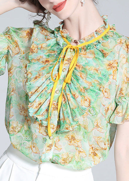 Boutique Green Stand Collar Print Ruffled Neck Tie Silk Top Summer LY1042