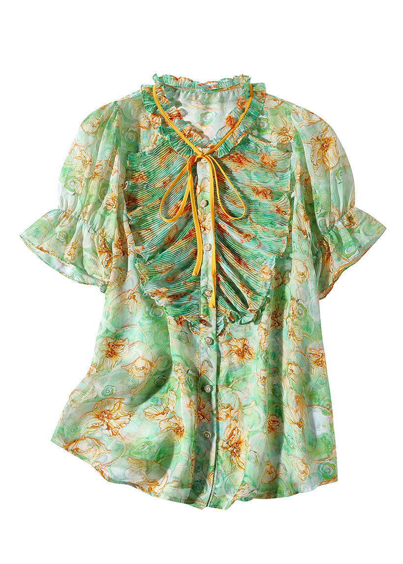 Boutique Green Stand Collar Print Ruffled Neck Tie Silk Top Summer LY1042