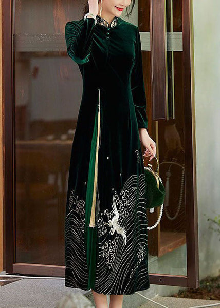 Boutique Green Tasseled Embroideried Patchwork Velour Dresses Spring LY1722