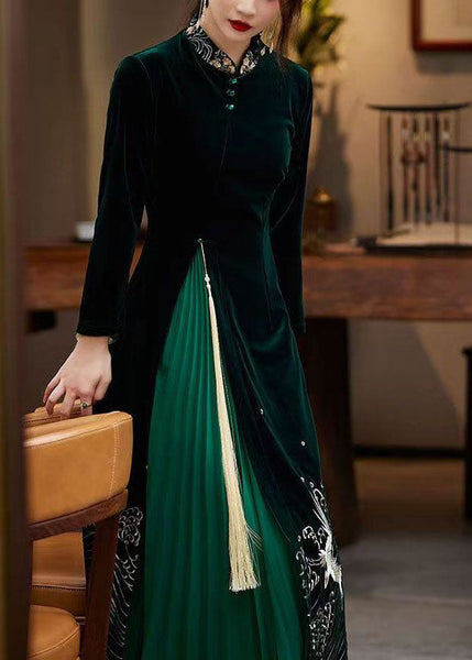Boutique Green Tasseled Embroideried Patchwork Velour Dresses Spring LY1722