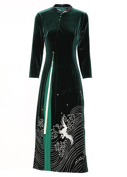 Boutique Green Tasseled Embroideried Patchwork Velour Dresses Spring LY1722