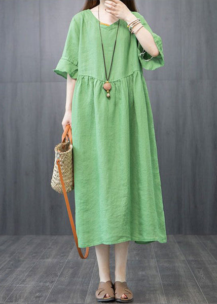 Boutique Green V Neck Patchwork Linen Robe Dresses Butterfly Sleeve LY0920