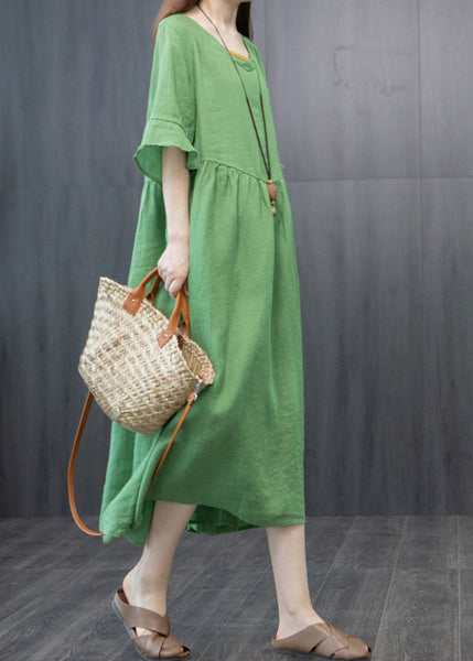 Boutique Green V Neck Patchwork Linen Robe Dresses Butterfly Sleeve LY0920