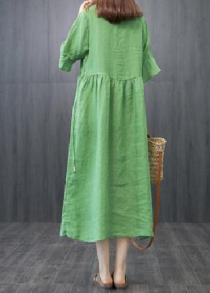 Boutique Green V Neck Patchwork Linen Robe Dresses Butterfly Sleeve LY0920