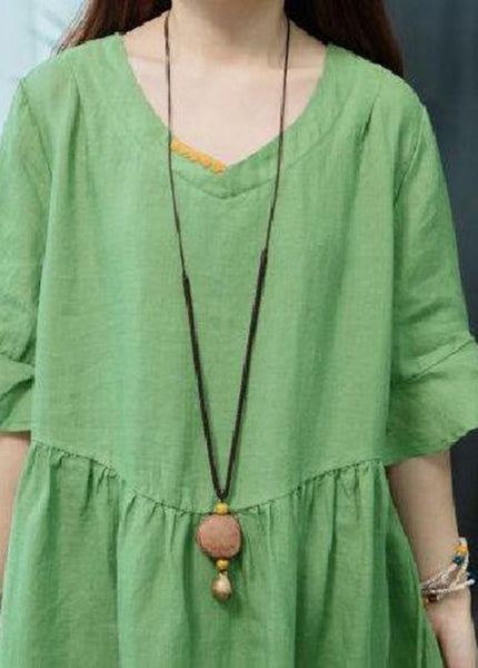 Boutique Green V Neck Patchwork Linen Robe Dresses Butterfly Sleeve LY0920