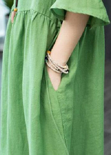 Boutique Green V Neck Patchwork Linen Robe Dresses Butterfly Sleeve LY0920