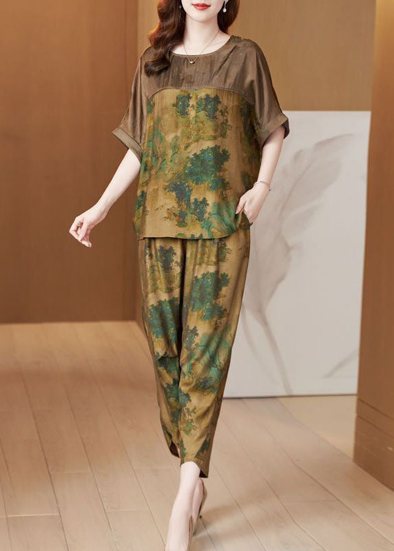 Boutique Khaki O-Neck Oversized Patchwork Silk Women Sets 2 Pieces Summer AC2031