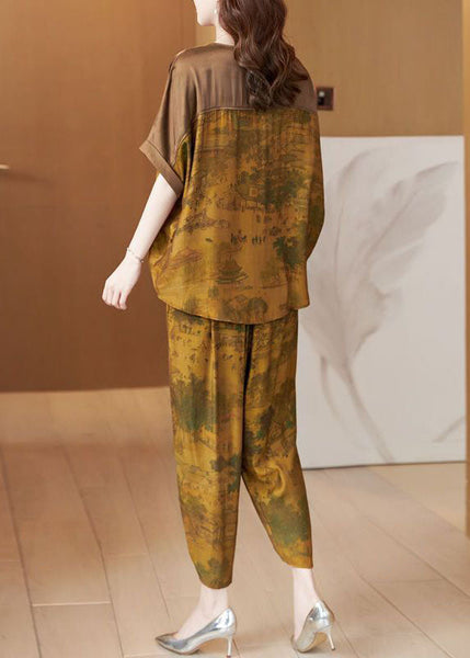 Boutique Khaki O-Neck Oversized Patchwork Silk Women Sets 2 Pieces Summer AC2031